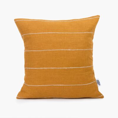 Sustainable Mustard Linen Pillow Cover with Jute String Stripes - 14x14-inches - Horizontal Stripes