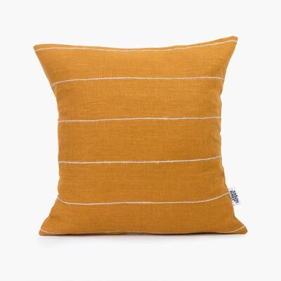 Sustainable Mustard Linen Pillow Cover with Jute String Stripes - 24x24-inches - Vertical Stripes