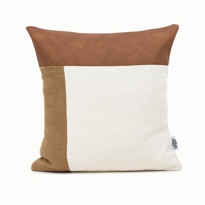 Faux Leather Brown Linen Cushion Cover - 14x14-inches - Brown
