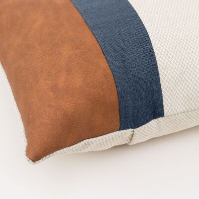Navy Linen Color Block Lumbar Cushion Cover with Faux Nubuck Leather - 12x18-inches - Dark Grey