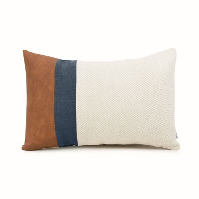 Navy Linen Color Block Lumbar Cushion Cover with Faux Nubuck Leather - 12x16-inches - Dark Grey