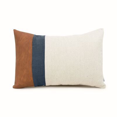 Navy Linen Color Block Lumbar Cushion Cover with Faux Nubuck Leather - 14x22-inches - Dark Grey