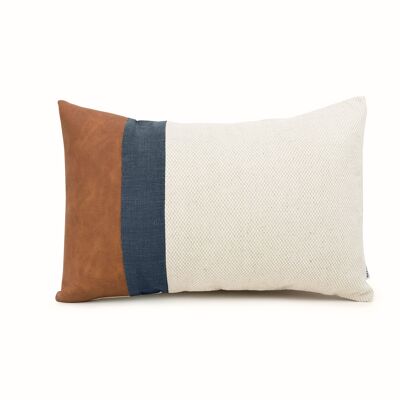 Navy Linen Color Block Lumbar Cushion Cover with Faux Nubuck Leather - 16x26-inches - Dark Grey