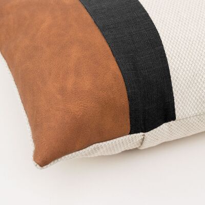 Black Linen Color Block Lumbar Cushion Cover with Faux Nubuck Leather - 12x22-inches - Black