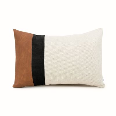 Black Linen Color Block Lumbar Cushion Cover with Faux Nubuck Leather - 12x20-inches - Black