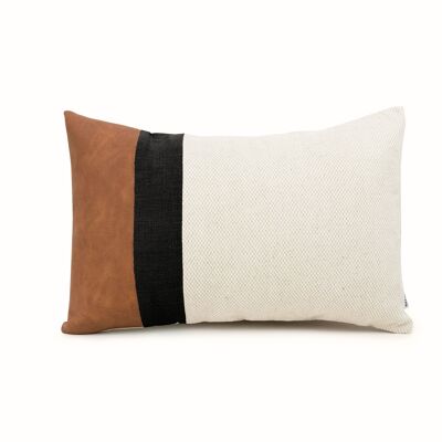 Black Linen Color Block Lumbar Cushion Cover with Faux Nubuck Leather - 14x22-inches - Black
