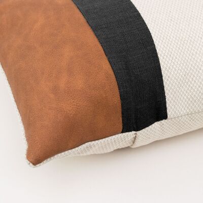 Black Linen Color Block Lumbar Cushion Cover with Faux Nubuck Leather - 20x26-inches - Black