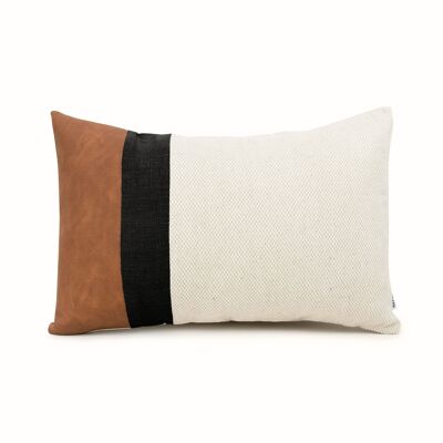 Black Linen Color Block Lumbar Cushion Cover with Faux Nubuck Leather - 20x26-inches - Brown