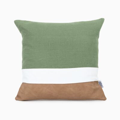 Faux Leather Green Linen Color Block Cushion Cover - 14x14-inches - Rust