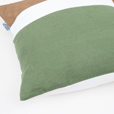 Faux Leather Green Linen Color Block Cushion Cover - 16x16-inches - Rust
