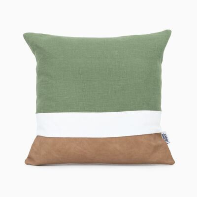 Faux Leather Green Linen Color Block Cushion Cover - 24x24-inches - Rust