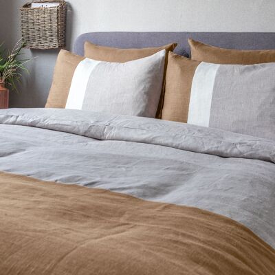 Natural Linen Duvet Cover in Brown and Beige - uk-sup-king-buttons - Black / Beige