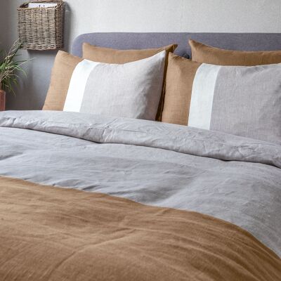 Natural Linen Duvet Cover in Brown and Beige - uk-double-buttons - Brown / Beige
