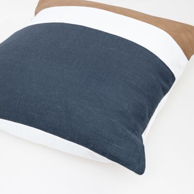 Faux Leather Navy Linen Color Block Cushion Cover - 26x26-inches - Mustard