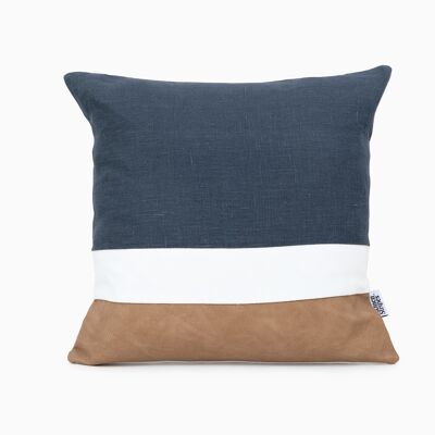 Faux Leather Navy Linen Color Block Cushion Cover - 16x16-inches - Navy