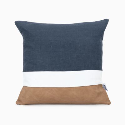 Faux Leather Navy Linen Color Block Cushion Cover - 20x20-inches - Rust