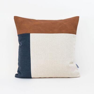 Faux Leather Navy Linen Cushion Cover - 14x14-inches - Dark Grey Melange