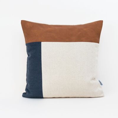 Faux Leather Navy Linen Cushion Cover - 14x14-inches - Dark Grey Melange