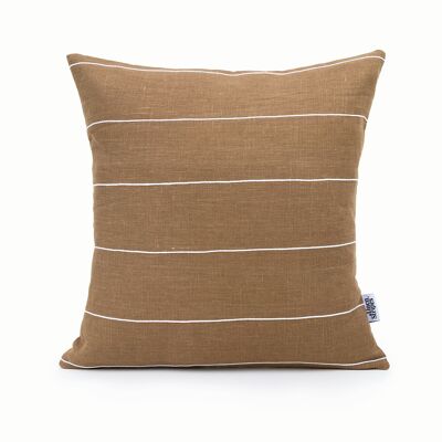 Brown Linen Pillow Cover with White Cotton Stripes - 14x14-inches - Horizontal Stripes
