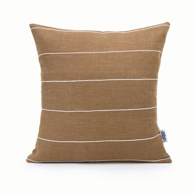 Brown Linen Pillow Cover with White Cotton Stripes - 22x22-inches - Horizontal Stripes