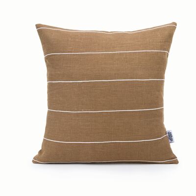 Brown Linen Pillow Cover with White Cotton Stripes - 22x22-inches - Horizontal Stripes