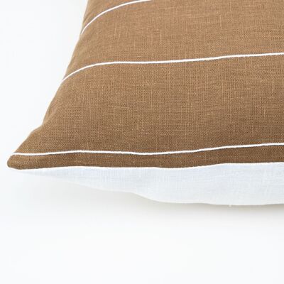 Brown Linen Pillow Cover with White Cotton Stripes - 22x22-inches - Vertical Stripes