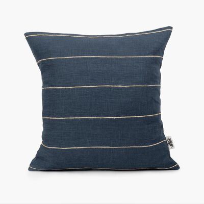 Navy Linen Pillow Cover with Jute String Stripes - 14x14-inches - Horizontal Stripes