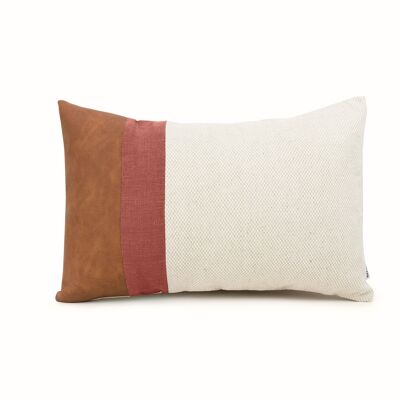 Rust Linen Color Block Lumbar Cushion Cover with Faux Nubuck Leather - 12x20-inches - Brown