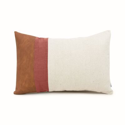 Rust Linen Color Block Lumbar Cushion Cover with Faux Nubuck Leather - 12x22-inches - Dark Grey