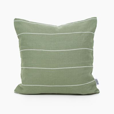 Moss Green Linen Pillow Cover with White Cotton Stripes - 14x14-inches - Horizontal Stripes