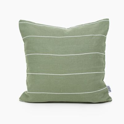Moss Green Linen Pillow Cover with White Cotton Stripes - 16x16-inches - Horizontal Stripes