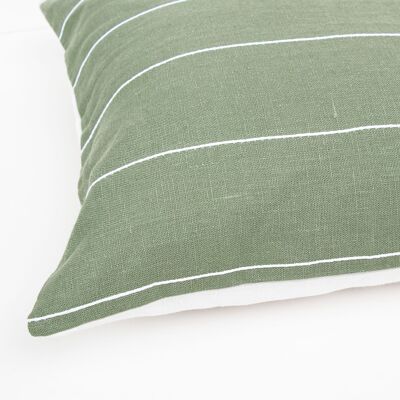 Moss Green Linen Pillow Cover with White Cotton Stripes - 14x14-inches - Vertical Stripes