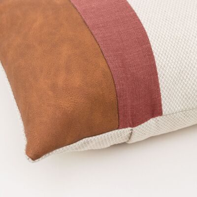 Rust Linen Color Block Lumbar Cushion Cover with Faux Nubuck Leather - 12x20-inches - Dark Grey