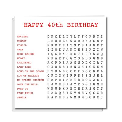 Divertente biglietto di auguri per il 40° compleanno - Wordsearch per Oldies
