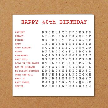 Carte d'anniversaire drôle 40e - Recherche de mots pour les anciens 2