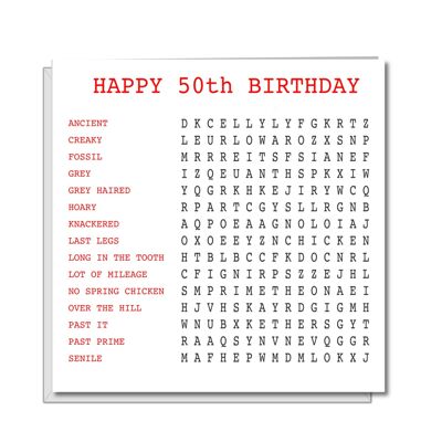 Lustige Karte zum 50. Geburtstag – Wortsuche für Oldies