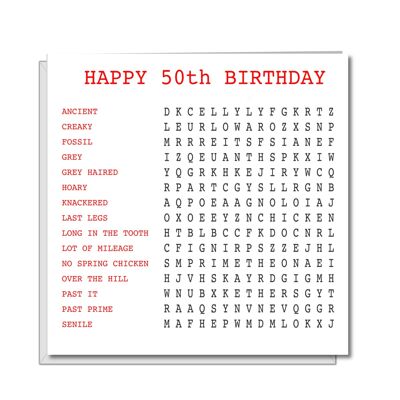 Divertente biglietto d'auguri per il 50° compleanno - Wordsearch per Oldies