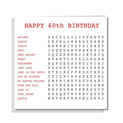 Carte d'anniversaire drôle 60e - Recherche de mots pour les anciens