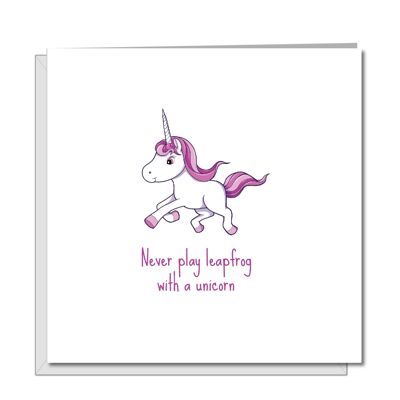 Biglietto di auguri di compleanno divertente - Leapfrog con un unicorno