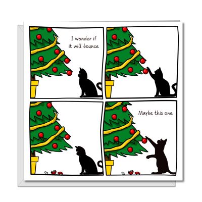 Cartolina di Natale con gatto divertente - albero e palline rotte