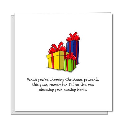 Carte de Noël drôle - Choisir des cadeaux ou des cadeaux
