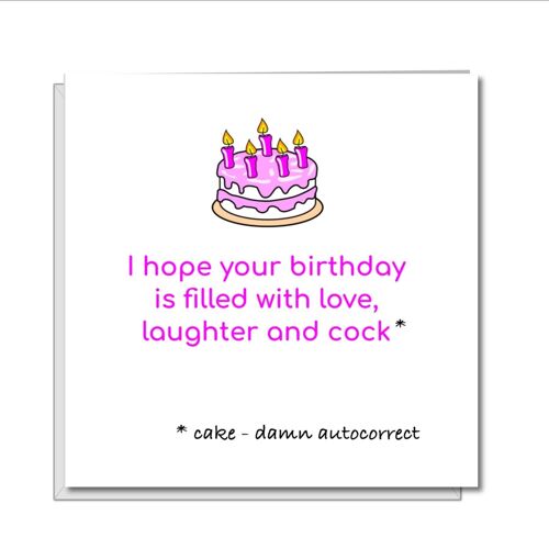 Funny Rude Birthday Cake Card - Female -Love Laughter Cock