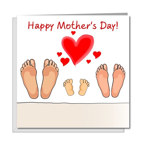 New Baby Mother's Day Card - Three Sets of Feet in Bed