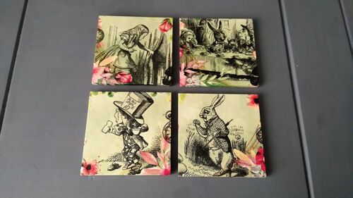 Alice In Wonderland Coasters, Decoupage Wooden Coasters