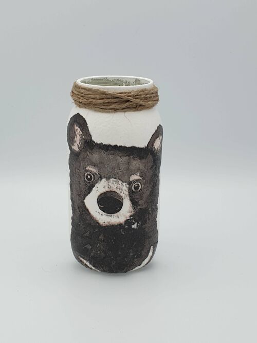 Black Bear Decoupage Jar, Upcycled Decoupage Small Vase