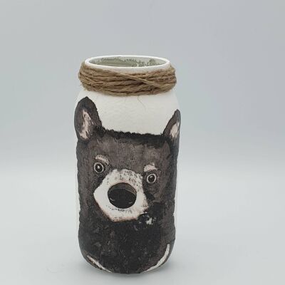 Tarro de decoupage de oso negro, jarrón pequeño de decoupage reciclado