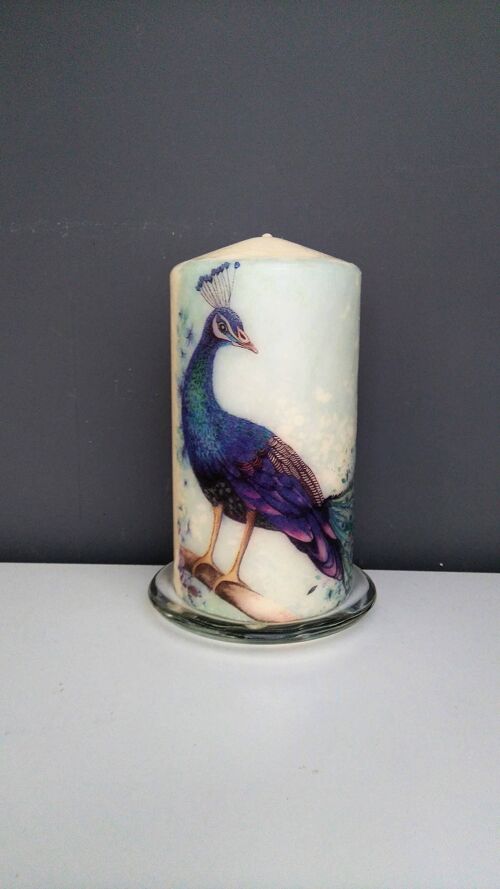 Blue Peacock Decoupage Candle