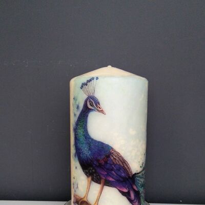 Blue Peacock Decoupage Candle