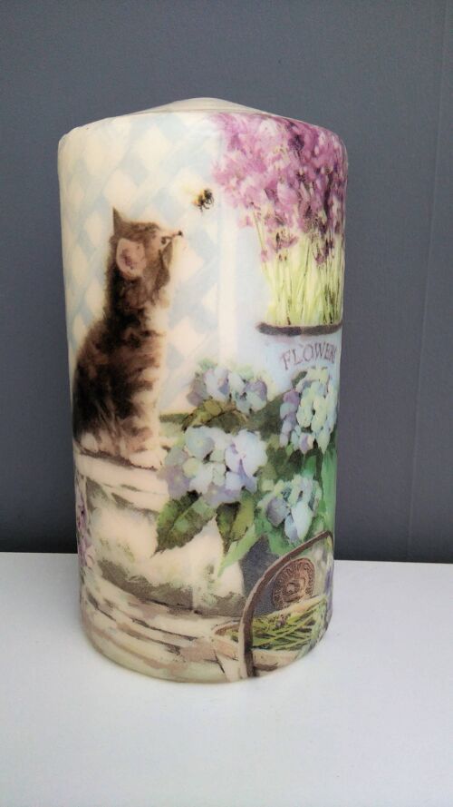 Decoupage Cat Pillar Candle