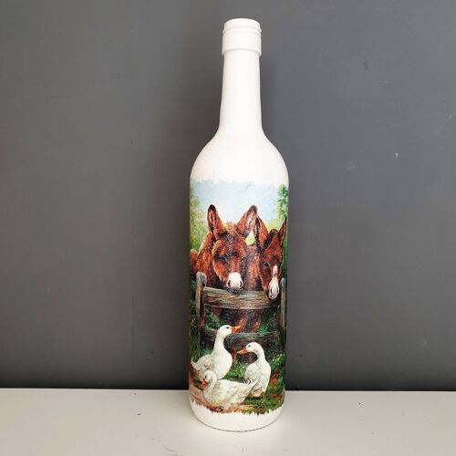 Donkey Decoupage Bottle, Upcycled Glass Wine Bottle, Do-25